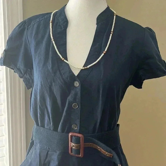 ❤️2/$50❤️[10]MNG Casual Black Linen Blend Short Sleeve Dress Waist Belt - Picture 2 of 10